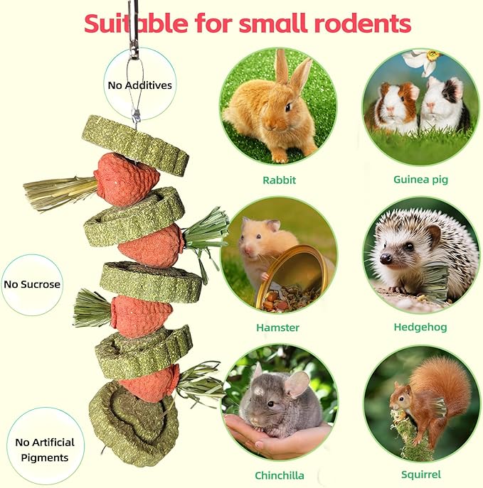 Bunny Chew Toys Guinea Pig Chew Toys for Teeth Grinding Rabbit Treats Natural Timothy Grass Cake Strawberries for Guinea Pigs Chinchillas Bunny Hamster (2 Pcs)