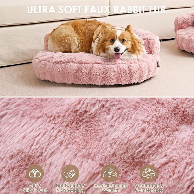 EHEYCIGA Soft Cat Couch Bed for Indoor Cats, Fluffy Small Dog Bed with Removable Washable Cover, Bolster Pet Sofa, Waterproof and Non-Slip, 23" x 23"x 7", Pink