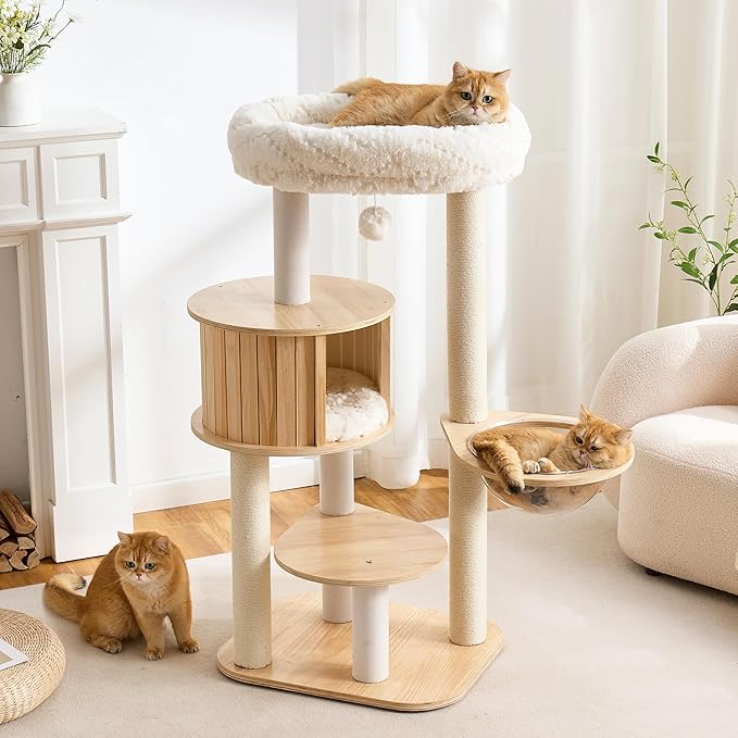 797Audio Wood Modern Cat Tree, 48" Cat Tower with Sisal Scratching Posts, Cat Condo, Capsule and Bed, Solid Wooden Aesthetic Multi-Level Cat Climbing Tree for Large Adult Indoor Maine Coon Cats-White