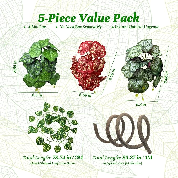 5 Pc Reptile Plants & Habitat Decor Kit - 3 Artificial Plants & Large 3.3ft Jungle Vine Branch, Amphibian Habitat Hideout Decor Accessories for Crested Gecko, Bearded Dragon, Lizard, Snake,Hermit Crab