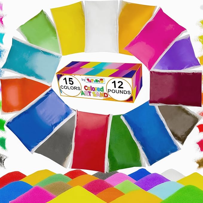 Colored Sand for Sand Art [15 Colors: 12 lbs], Colored Sands Bulk, Delightful Sands Art Fun for Crafts, Parties, Children, Nice Colorful Fun Sandy Crafts for Kids Age 3+, Non-Toxic, 15 Bags