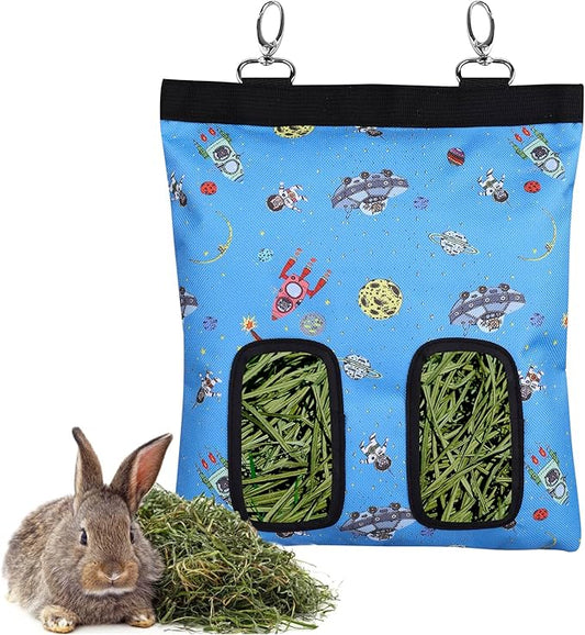 Rabbit Hay Feeder Bag Guinea Pigs Hanging Hay Rack Manger Holder Dispenser Small Animal Feeder Storage Pouch for Bunny Chinchilla Hamster (Pattern Blue, 2 Windows)