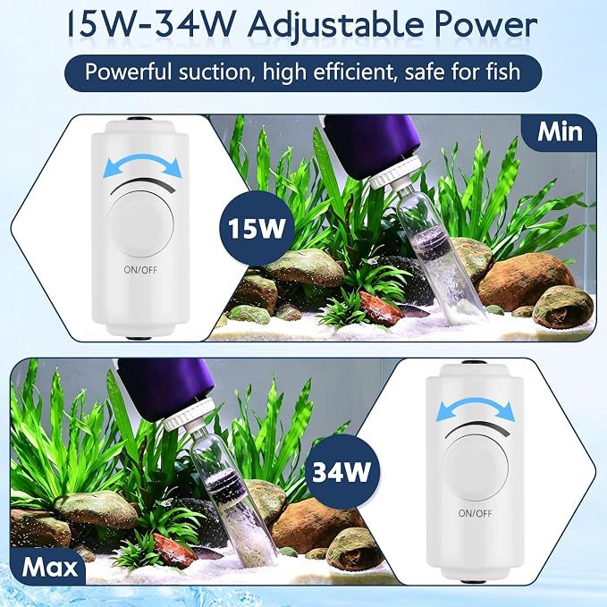 AQQA 600 GPH Electric Aquarium Gravel Cleaner 6-in-1 Fish Tank Vacuum | Cleaner & Water Changer with Stainless Steel Handle & 3-Stage Filter Cup for Turtle Tanks, Adjustable Flow 34W