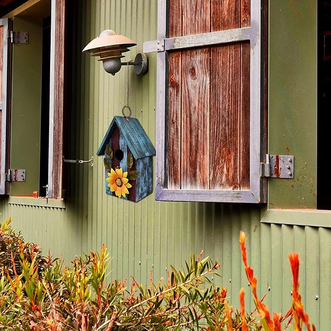 2 Pack Wood Bird House for Outside, Hanging Decorative Bird House Outdoor Garden Patio Yard Rustic Hand-Painted Bluebird Birdhouse Nesting Box for Finch Wren Sparrow Chickadee