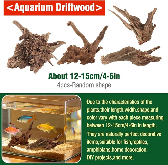 4pcs Natural Aquarium Driftwood Decoration,Perfect for Aquascaping,Fish Tanks and Reptile Habitats,Enhances Underwater Aesthetics and Provides Hiding Spots for Fish(4pcs/4-6inches)