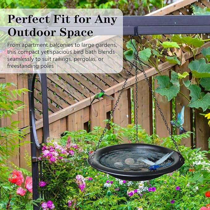 Hanging Bird Bath Outdoor 11.5" Metal Bowl with 15.5 in Rust-Proof Chains,Weather-Resistant Garden Birdbath with Magnetic Dragonfly for Backyard Decor,Matte Black
