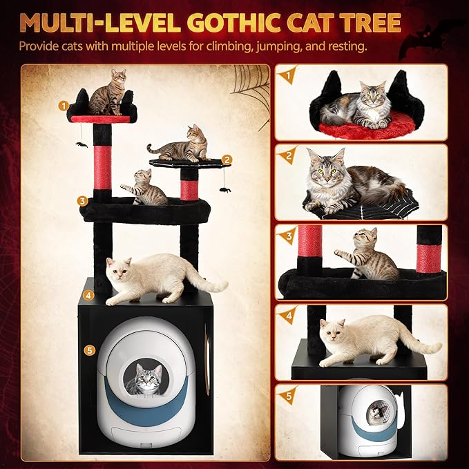Cat Tree Tower with Litter Box Enclosure, 67 Inch Large Cat Tree for Automatic Litter Box, 2-in-1 Goth Litter Box Enclosure with Cat Scratching Posts, House, Hammock, Red Black