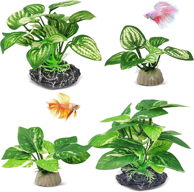 GOZILLA Silk Fish Tank Plants,Reptile Artificial Plant,Reptile Plants for Terrarium,Aquarium Decorations Accessories Set,Resin Pedestal Silk Aquarium Plant for Fish Tank.(4PCS/A-Set)
