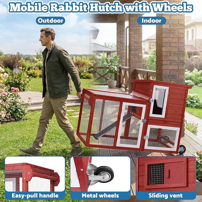 Rabbit Hutch Indoor Outdoor Bunny Cage, Weather Resistant Openable Roof, Slide Out Tray, Handle & Rolling Wheels, Chicken Coop, 48.05" L x 26.02" W x 34.3" H, Red