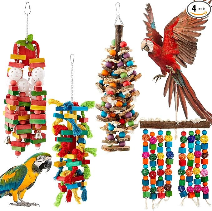 Seenelling 4 Pcs Extra Large Bird Parrot Toy Multicolored Natural Wooden Parrot Cage Chewing Toys for Large Medium Macaws Cockatoos African Grey Birds (Block and Ball)
