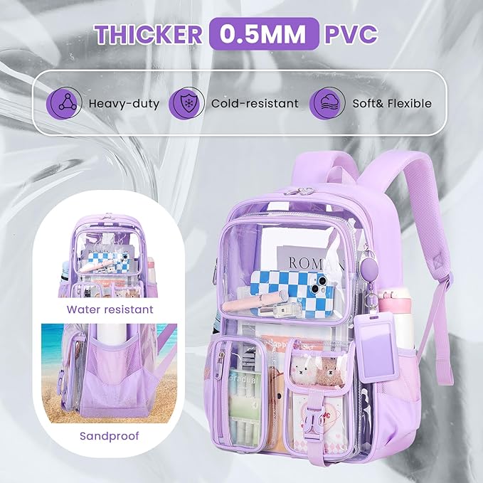 MUSEVOS Clear Backpack for School, Heavy Duty Clear Bookbag for Girls Boys Transparent Backpack with Badge Holder, Purple