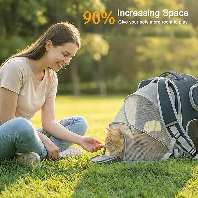 Cat Backpack Carrier Expandable, Breathable Mesh & Lockable Zippers & Shaded Curtains & Multi-Entry, Pet Backpack for Kitty Puppy Small Dogs Up to 18lbs for Travel, Hiking, Car, Vet(Green)