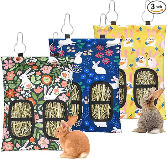 3 Pcs Rabbit Hay Feeder, 2-Hole Hanging Guinea Pig Hay Bags Washable Bunny Hay Bag for Rabbits, Chinchillas, Hamsters, Small Pets and Animals (11.8"×8.7")