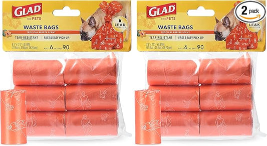 Glad for Pets Heavy Duty Dog Poop Bags, Leak Resistant Dog Waste Bags with Fun Print for Easy Cleanup on Walks, Strong Tear Resistant Pet Waste Bags, Tropical Breeze Scent, 90 Count - 2 Pack