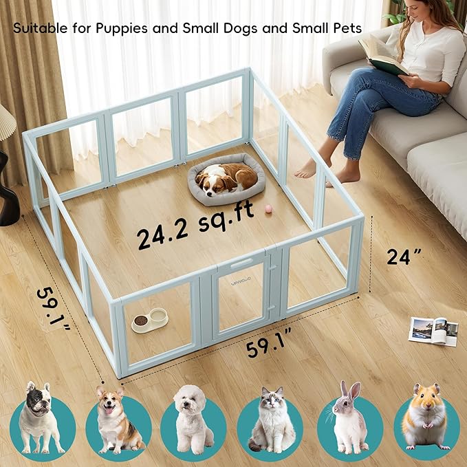 Clear Acrylic Dog Playpen with Door - 24 Inch Tall Puppy Playpen - Easy Assemble Pet Fence - 12 Panel Indoor Dog Play Pen for Puppies/Small (24 Inch High, 12 Panel)