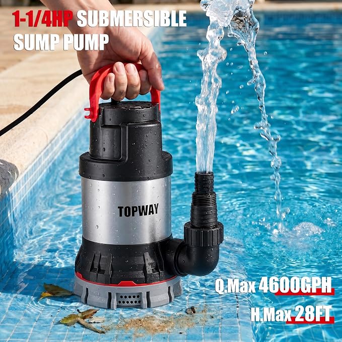 TOPWAY Submersible Water Pump, 1-1/4 HP 4600 GPH Stainless Steel Sump Pump with Filter Base, Electric Portable Water Pump with 16.4ft Cord for Swimming Pool, Hot Tub, Garden Pond, Basement Draining