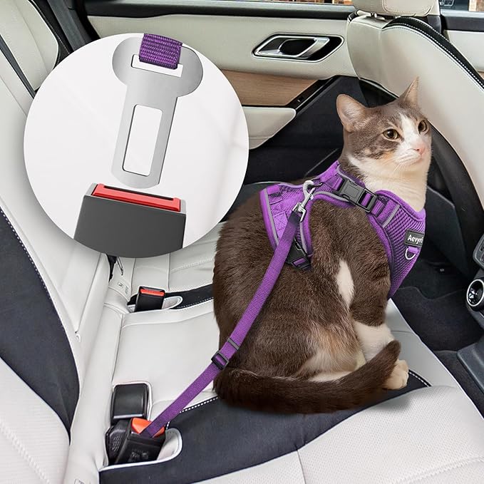 Cat Harness and Leash for Walking, The Upgrade Can be Adjusted in Four Directions and Breathable Cat Harness for Anti Escape that can be Fitted and Positioned, Reflective Strips Harness, Purple, S