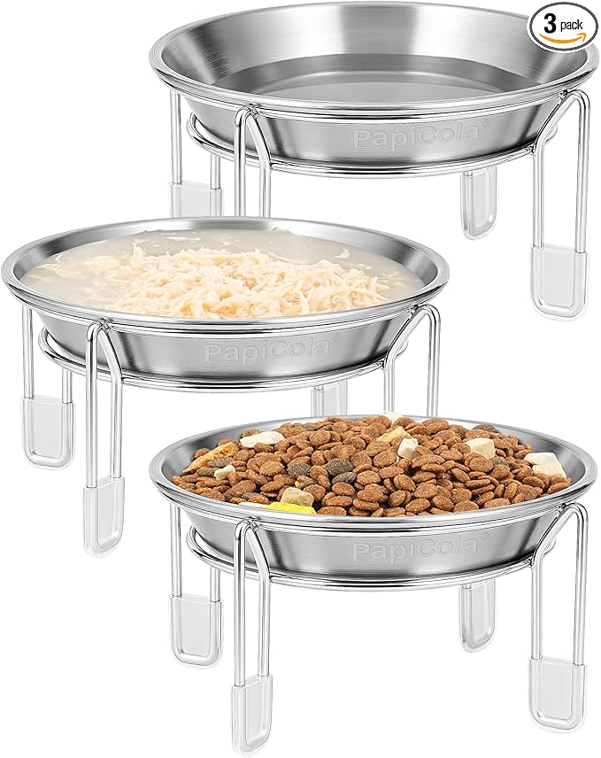 Elevated cat Bowl, 6.3" Wide Raised Stainless Steel Cat Food and Water Dishes, Small Dog Bowl, Whisker Friendly, Anti-Vomiting, Neck Stress-Free, Non-Slip Stainless Steel Stand with 4 Legs- 3Pack