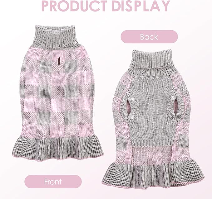 Dog Sweater Dress Plaid Knitwear for Small Medium Dogs Warm Puppy Pet Turtleneck Stretch Pullover Cute Fall Winter Vest Clothes with Leash Hole for Christmas (Grey, L)