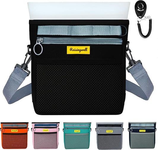 Raisingwell Dog Treat Pouch with Magnetic Closure 4-Cup Silicone Bag Fanny Pack Holder with Clicker 4 Ways to Wear Front Pocket Fits All Phones Ideal for Leash, Pet Walking and Training（Black）