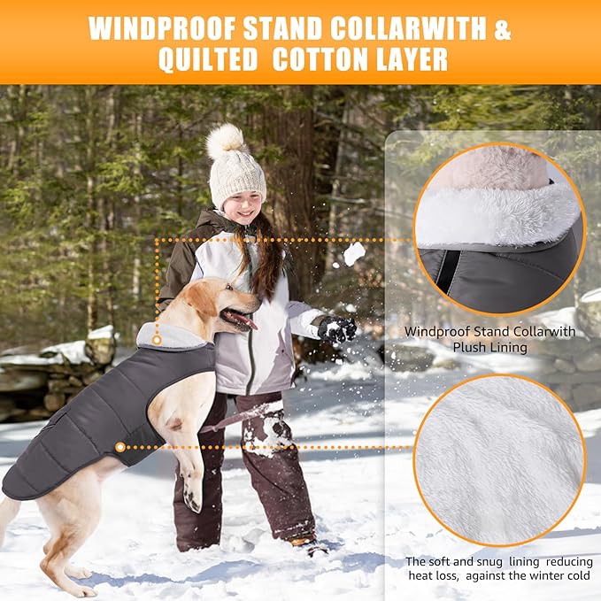 iBuddy Dog Winter Jacket for X-Large Dogs, Easy on Dog Snow Coat Velcro Waterproof Pet Puffer Coat with Harness Hole Adjustable Reflective Quilted Pet Cold Weather Vest Wind-Poof for Boy Male