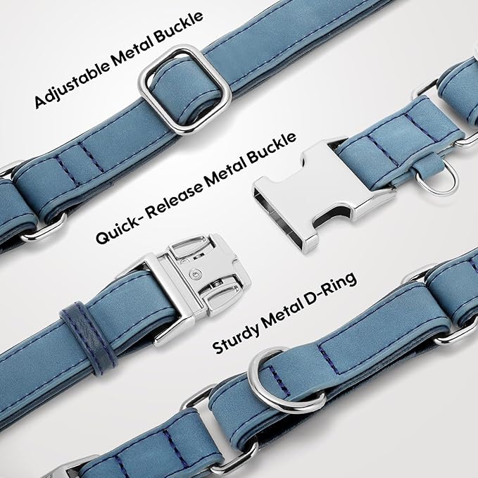 WHIPPY Vegan Leather Dog Collar No Slip Martingale Dog Collar with Quick Release Metal Buckle for Large Medium Small Dogs,Blue