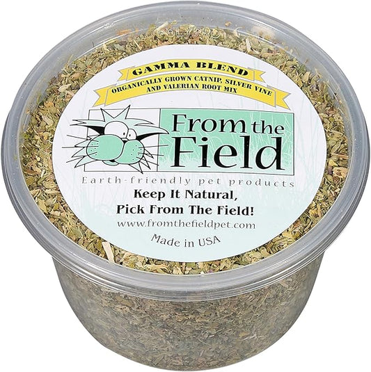 From The Field Gamma Blend – Catnip Leaf and Flower, Silver Vine & Valerian Root Mix | Fresh USA-Grown Organic Catnip for Cats | Potent | Resealable Tub 2 OZ