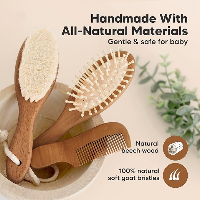 Baby Hair Brush Set for Newborns - Soft Goat Bristle Wooden Baby Brush and Comb Set Newborn Grooming Kit for Cradle Cap, Durable & Gentle, Boy, Girl Infant Essentials Care Kit (Regular, Dark Walnut)