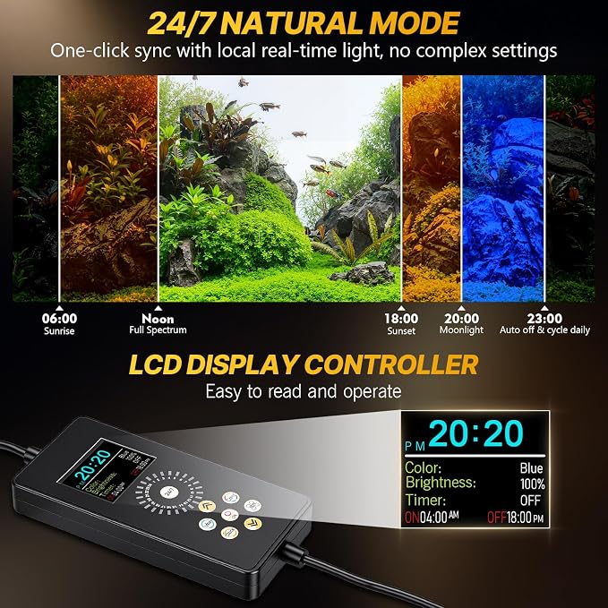 fishkeeper Clip on Aquarium Light for Plants, 6 Row LED Brightness, 36W | 24-32in Full Spectrum Fish Tank Light with 24/7 Natural Mode, DIY Mode, Adjustable Height/Front-to-Back Aquarium Light Riser