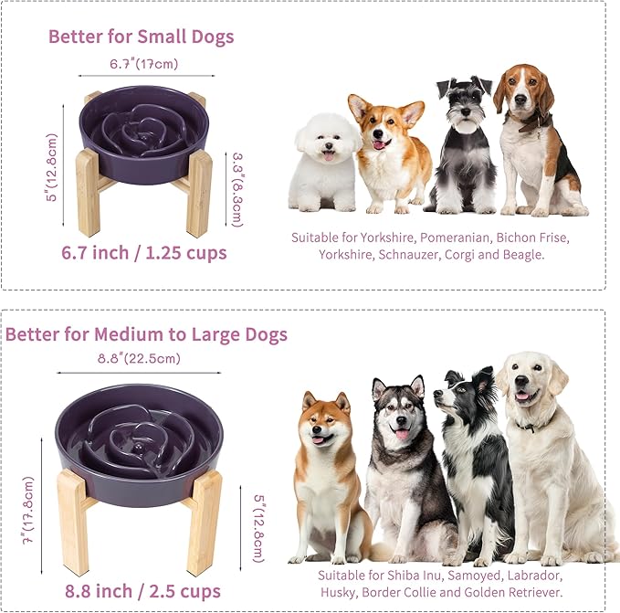 Elevated Slow Feeder Dog Bowl Large Breed, 8.8 Inch Ceramic Slow Eating Bowl with Bamboo Stand, Anti-Choking Raised Maze Design for Medium to Large Dogs, 3.2 Cup, Purple