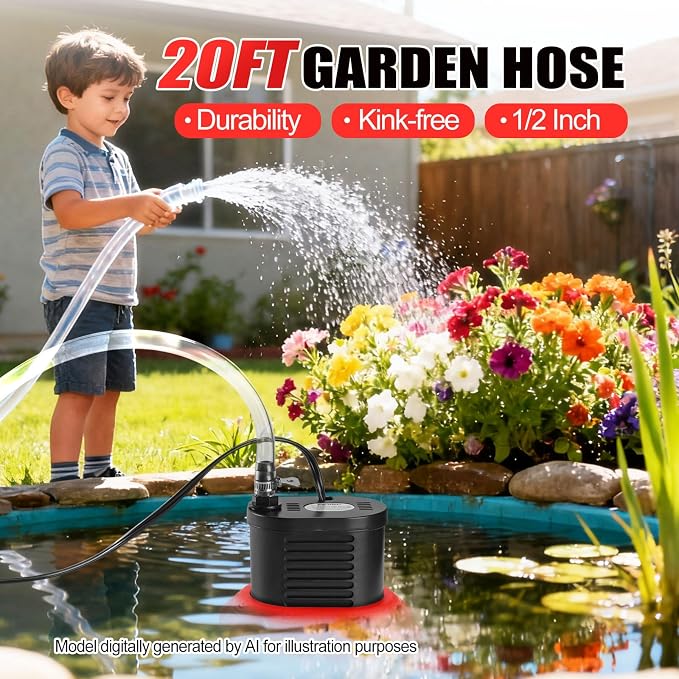 FIDISP Pool Cover Pump, 850 GPH Pool Water Pump with 20 FT Drain Hose | 4 Adapters, 25 FT Power Cord, Water Pump for Pool Draining for Drainage of Pool Covers, Ponds (Red)