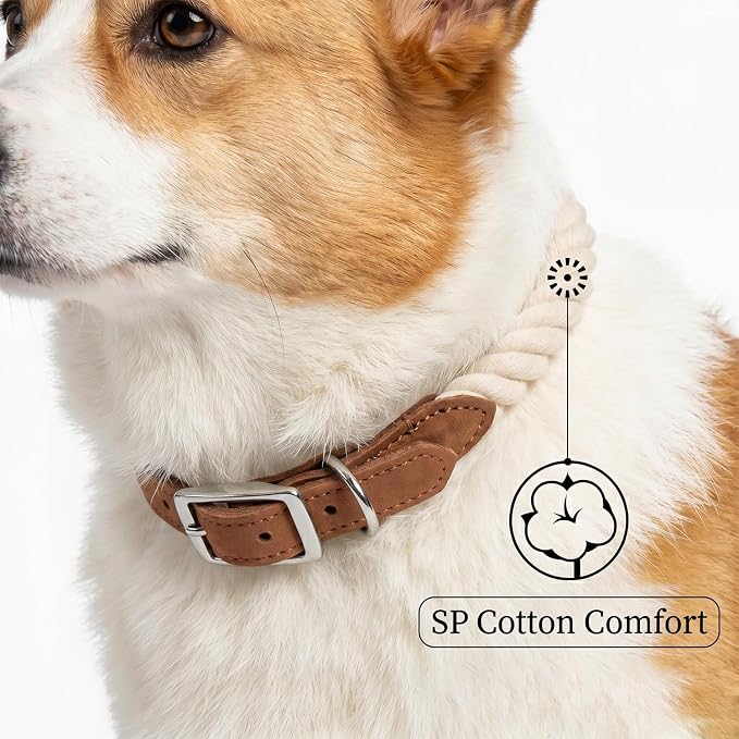 Mile High Life Genuine Leather Dog Collar, Durable Braided Cotton Rope Collar with Metal Pin Buckle for Small Medium Large Dogs (Beige, S Neck 11"-15")