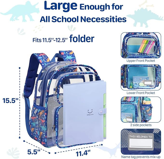 Bagseri 3pcs Clear Backpack for Boys - 15 Inch School Bag Set with Lunch Box and Pencil Case, Heavy Duty Transparent Bookbag for Kindergarten to Grade 2, Blue Dinosaur