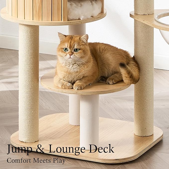 797Audio Wood Modern Cat Tree, 48" Cat Tower with Sisal Scratching Posts, Cat Condo, Capsule and Bed, Solid Wooden Aesthetic Multi-Level Cat Climbing Tree for Large Adult Indoor Maine Coon Cats-White