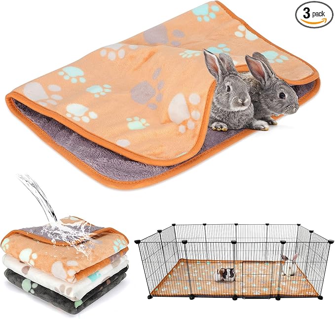 YUEPET Waterproof Guinea Pig Blankets Washable 3 Pack Small Animal Fleece Cage Liners Pet Soft Sleep Mat Pad Cover Warm Flannel Throw for Hamster Guinea Pig Rabbit Chinchilla Hedgehog Ferret 48"×24"