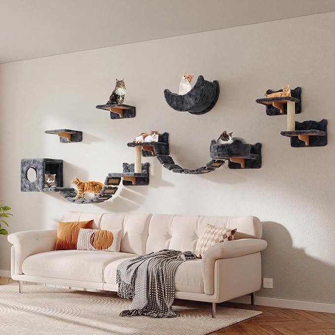 13-in-1 Cat Wall Shelves, Wall Mounted Cat Furniture Set with Plush Fabric, Cat Climbing Wall Systems, Cats Shelf with Moon Hammock, Condos, House, Step, Bridge Ladder, Scratching Post, Grey