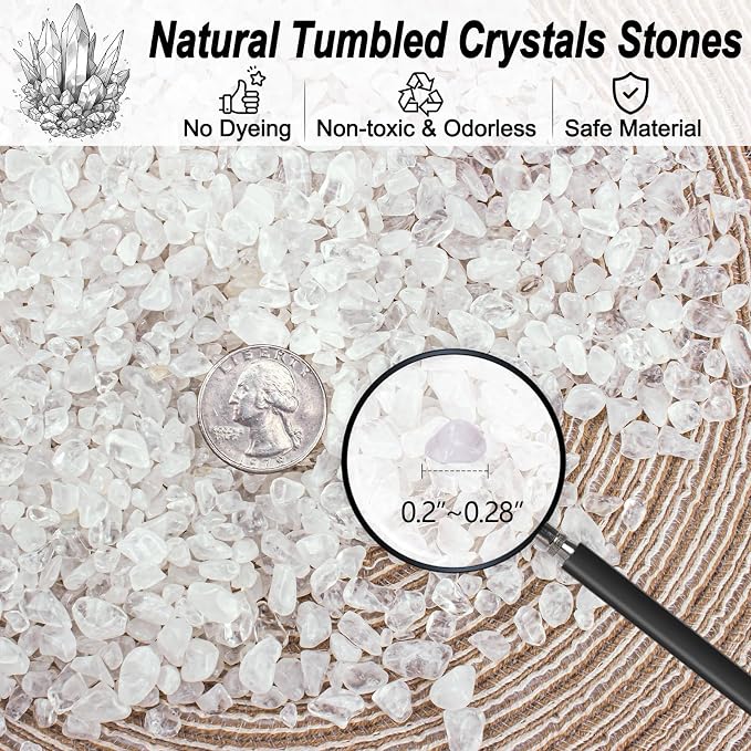 Small Clear Quartz Crystal Chips Aquarium Gravel Rocks Pebbles 3 Lb, Irregular Shaped Fish Tank Rocks Landscaping Stones Pebbles for Vase Fillers, Aquarium and Home Decoration, 3-5mm