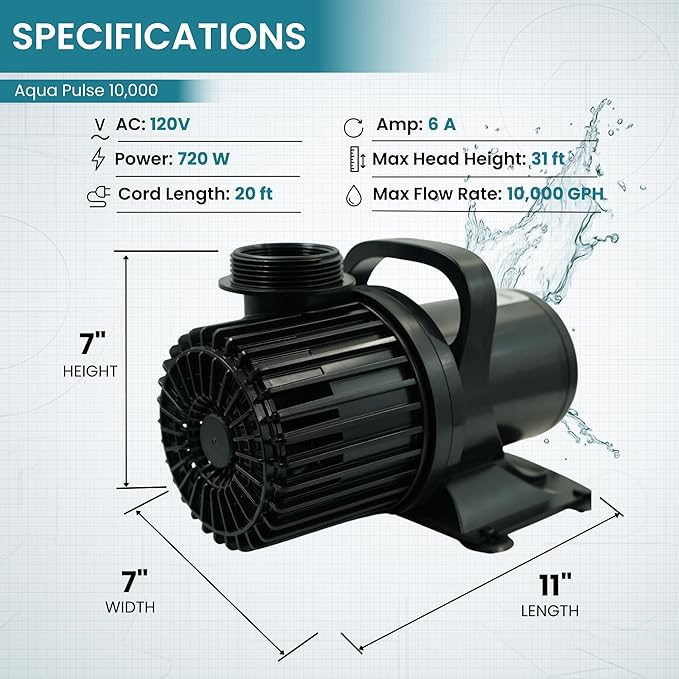 HALF OFF PONDS Submersible Water Pump, 10,000 GPH Pond Pump with 20FT Power Cord and 31FT Max Head, 720W Ultra Quiet Energy Efficient Pump for Koi Pond, Fountain, Waterfall, Water Garden, Skimmer