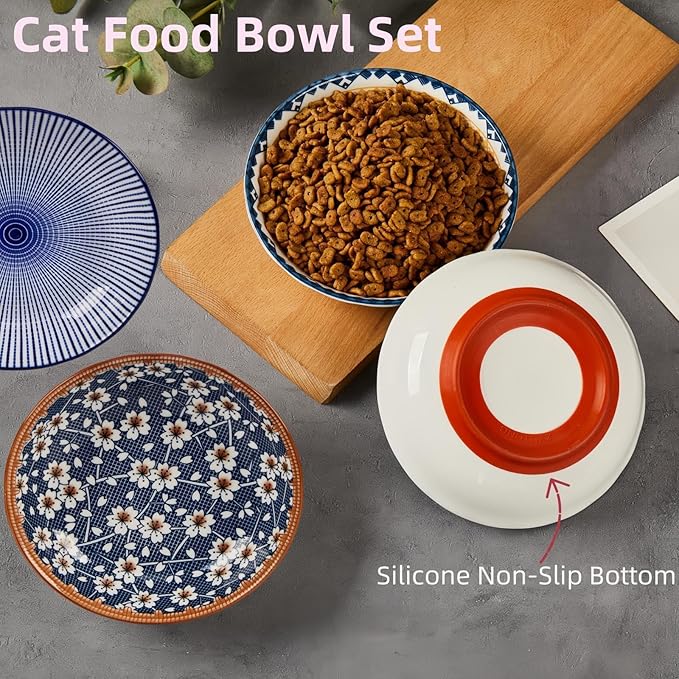 3 Pack Non-Slip Cat Bowl, No Spill Ceramic Cat Food Bowls, 5.5" Whisker Friendly Cats Dish Set for Indoor Cats, Shallow Wide Kitten Dishes for Food, Boho Kitten Bowls with Silicone Bottom