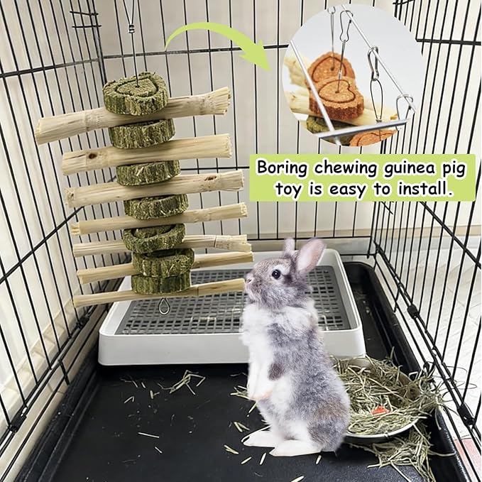 Natural Sweet Bamboo Grass Cake for Grinding Teeth,Rabbit Chew Toys Snack Hanging Guinea Pig Cake Toys String for Bunny,Chinchilla,Guinea Pigs,Squirrel,Gerbil (4PCS)