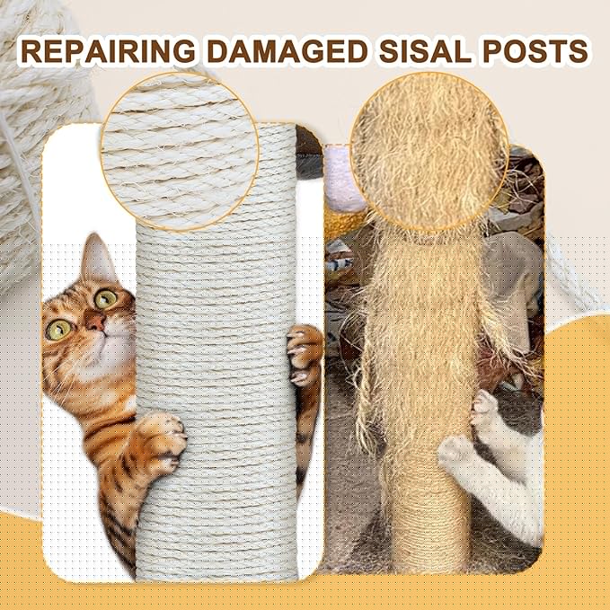 Sisal Rope for Cat Scratcher, Cymuber 6mm Cat Sisal Rope for Replace Scratching Post and Scratcher Repair, DIY Hemp Twine for Tree Tower Carpet Mat Kicker House Pet Toy and Crafts(164-Feet/50M)
