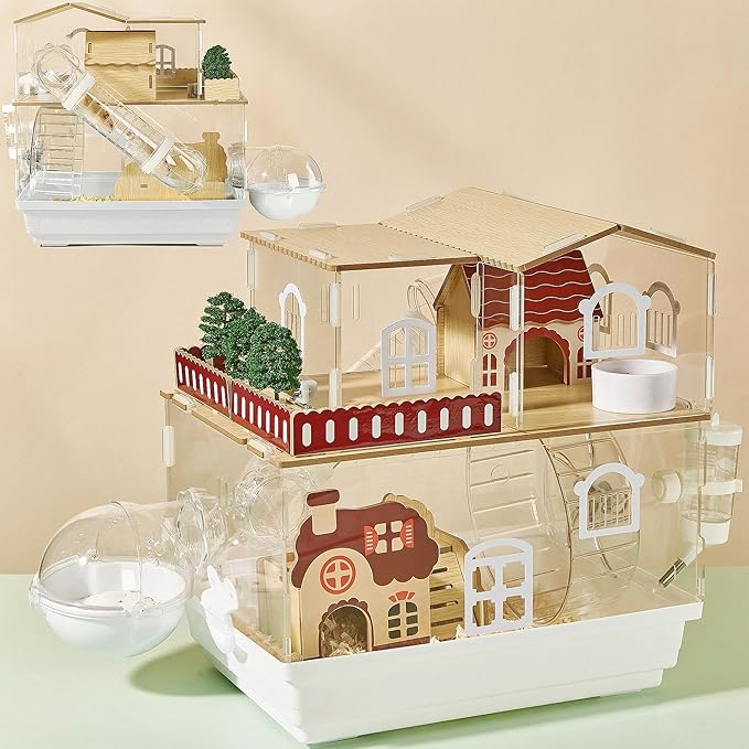12 in 1 Clear Acrylic Hamster Cage with All Accessories,13.5''L* 10''W* 15''H Dwarf Hamster Cage,Magnetic Connection Small Hamster Enclosure,Garden Style Wooden Mouse Cage for Pet Mice(2-Layer,White)