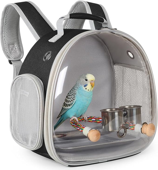 Bird Travel Carrier Backpack, Metal Tray and Clamp Cups Bundle, Clear Bubble Window Space Capsule Astronaut Liked Vet Carry Book Bag to Carry and Transport Parakeet Parrot (Black, Metal Tray + Cups)