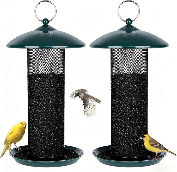 Gtongoko 2 Pack Finch Bird Feeders for Outdoors 2.5 LB Capacity Squirrel Proof Metal Mesh Tube Bird Feeders Thistle & Nyjer Seed Hanging Feeder, Green