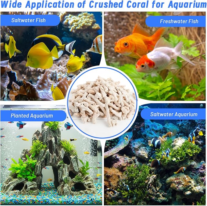 1.32lb/600g Crushed Coral for Freshwater Aquarium, Natural Fish Tank Coral Stone with Mesh Bag, Aquarium Bio Filter Media Bag Reusable Aquarium Filter to Stabilize Water and Raise PH