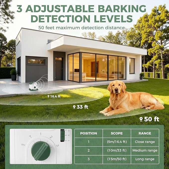 Adjustable Ultrasonic Dog Bark Deterrent Device with Smart Detection - Waterproof Pet Gentle Anti Barking Device for Dogs - Long-Range Indoor Outdoor Use - Portable Type-c Fast Charging