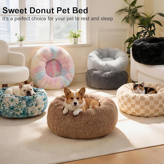 Dog Calming Beds for Small Medium Large Dogs - Round Donut Washable Dog Bed, Anti-Slip Faux Fur Fluffy Donut Cuddler Anxiety Cat Bed(28" Khaki