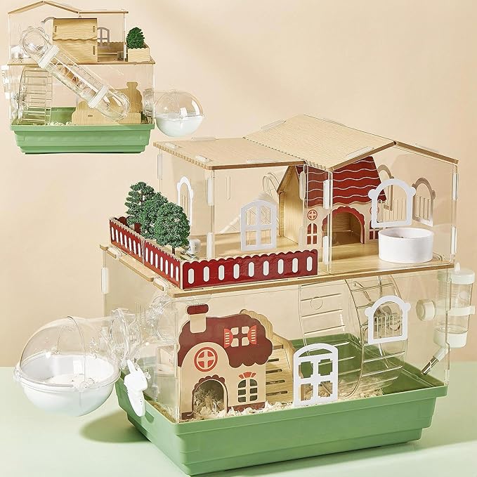 12 in 1 Clear Acrylic Hamster Cage with All Accessories,13.5''L* 10''W* 15''H Dwarf Hamster Cage,Magnetic Connection Small Hamster Enclosure,Garden Style Wooden Mouse Cage for Pet Mice(2-Layer,Green)