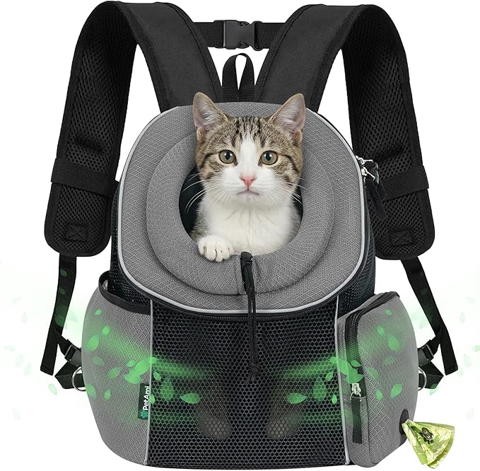 PetAmi Front Carrier Backpack for Dogs and Cats - Ventilated Adjustable Pet Chest Carrier for Hiking, Camping, Travel - Small to Medium Pets Up to 10 lbs - Grey