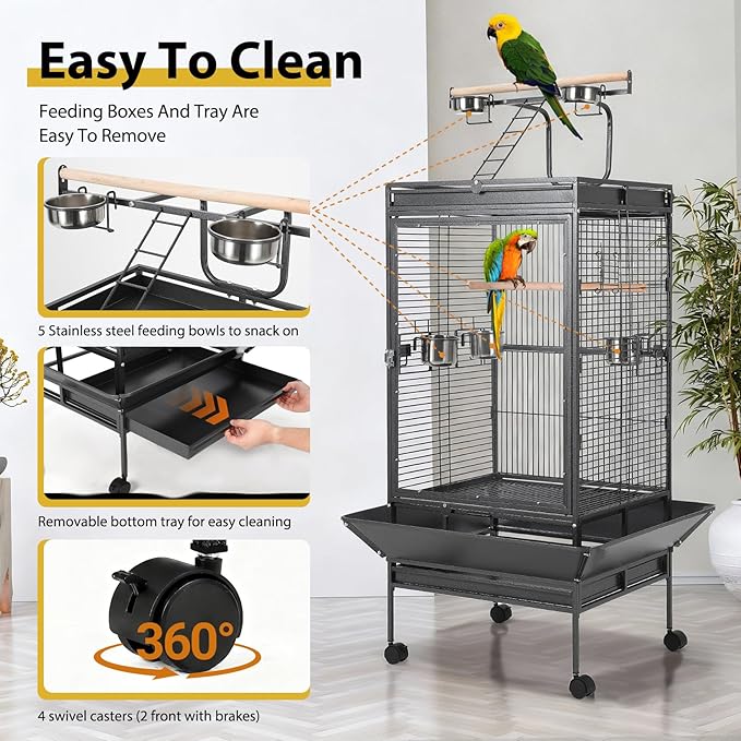 64.4" Tall Large Bird Cage, Metal Parrot Cage with Rolling Stand, Play Top & Bowls - Bird Aviary for Parrots, Parakeets, Conures, Cockatiels, Indoor Outdoor Aviary for Outside Porch Garden Yard